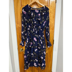 Mikael Aghal Navy Floral Ruffle Midi Dress Tassel Tie Women’s Size 4